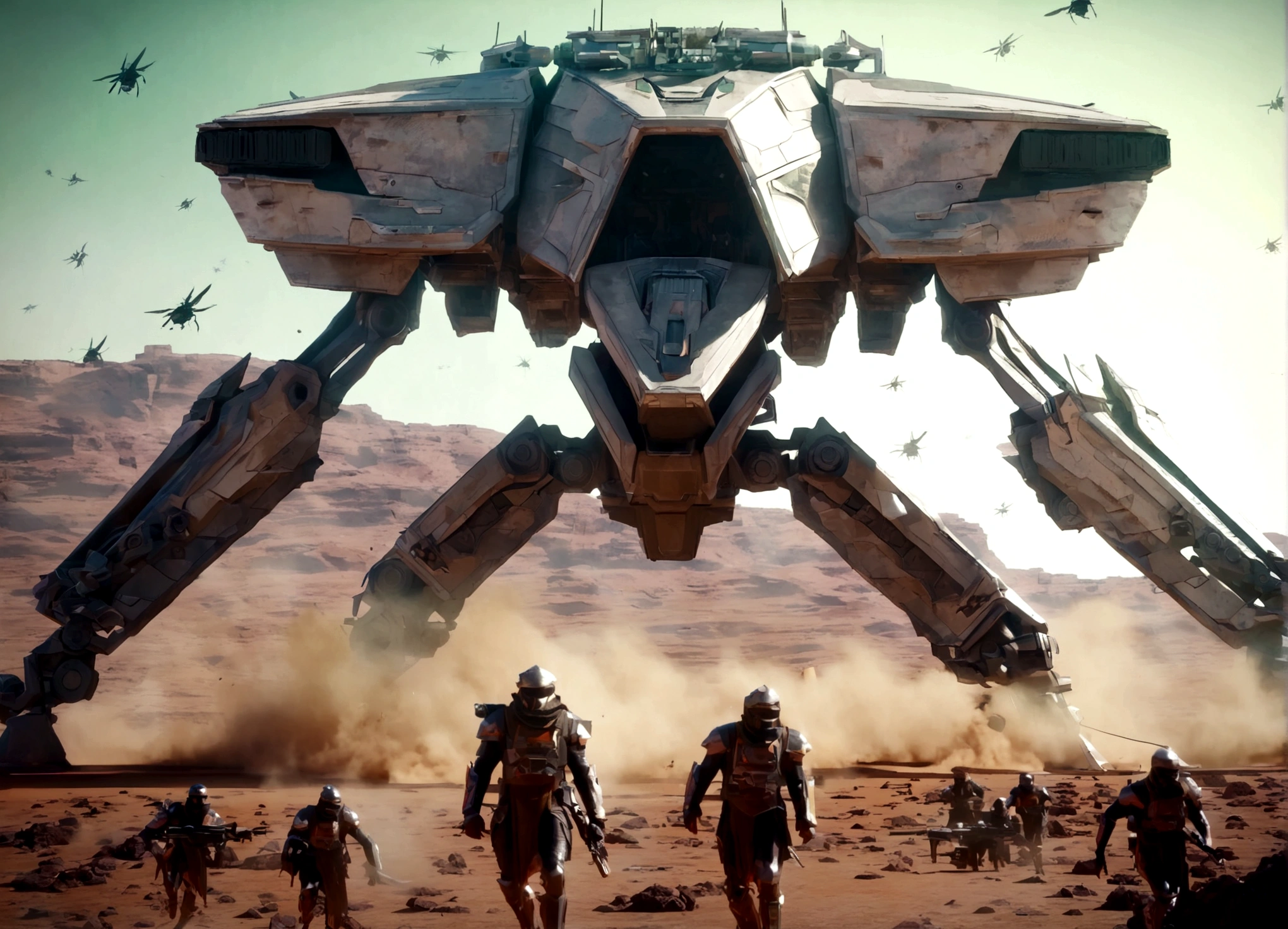 a massive imperial armored walker, huge mechanical mecha with big guns, assaulting an alien stronghold with organic, insect-like hive architecture on a desert planet, intense firefight, dynamic action scene, cinematic, concept art style, highly detailed, photorealistic, 8k, dramatic lighting, vivid colors, volumetric fog, (best quality,4k,8k,highres,masterpiece:1.2),ultra-detailed,(realistic,photorealistic,photo-realistic:1.37)
