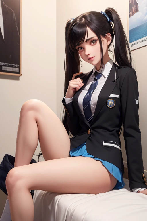 (((best qualityer), (hyper realist), mh-yk, 1 , alone, blackquality hair, eyes browns, long  hair, wearing private university uniform, blue blazer style with buttons, tie and tight skirt followed by knee socks,, big fit ass,, twintails, plein-air, hair rings, gazing at viewer, university anatomy club scene, de pé encostada na loja gazing at viewer, sweet look, inside a closed room with a blackboard behind full of drawings of the human body