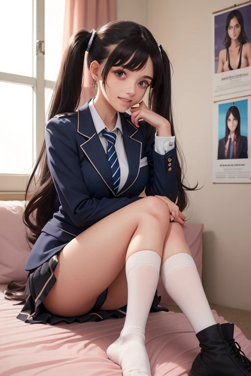(((best qualityer), (hyper realist), mh-yk, 1 , alone, blackquality hair, eyes browns, long  hair, wearing private university uniform, blue blazer style with buttons, tie and tight skirt followed by knee socks,, big fit ass,, twintails, plein-air, hair rings, gazing at viewer, university anatomy club scene, de pé encostada na loja gazing at viewer, sweet look, inside a closed room with a blackboard behind full of drawings of the human body