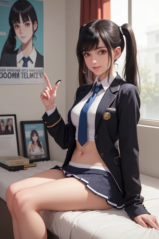 (((best qualityer), (hyper realist), mh-yk, 1 , alone, blackquality hair, eyes browns, long  hair, wearing private university uniform, blue blazer style with buttons, tie and tight skirt followed by knee socks,, big fit ass,, twintails, plein-air, hair rings, gazing at viewer, university anatomy club scene, de pé encostada na loja gazing at viewer, sweet look, inside a closed room with a blackboard behind full of drawings of the human body
