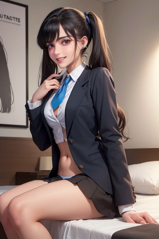 (((best qualityer), (hyper realist), mh-yk, 1 , alone, blackquality hair, eyes browns, long  hair, wearing private university uniform, blue blazer style with buttons, tie and tight skirt followed by knee socks,, big fit ass,, twintails, plein-air, hair rings, gazing at viewer, university anatomy club scene, de pé encostada na loja gazing at viewer, sweet look, inside a closed room with a blackboard behind full of drawings of the human body