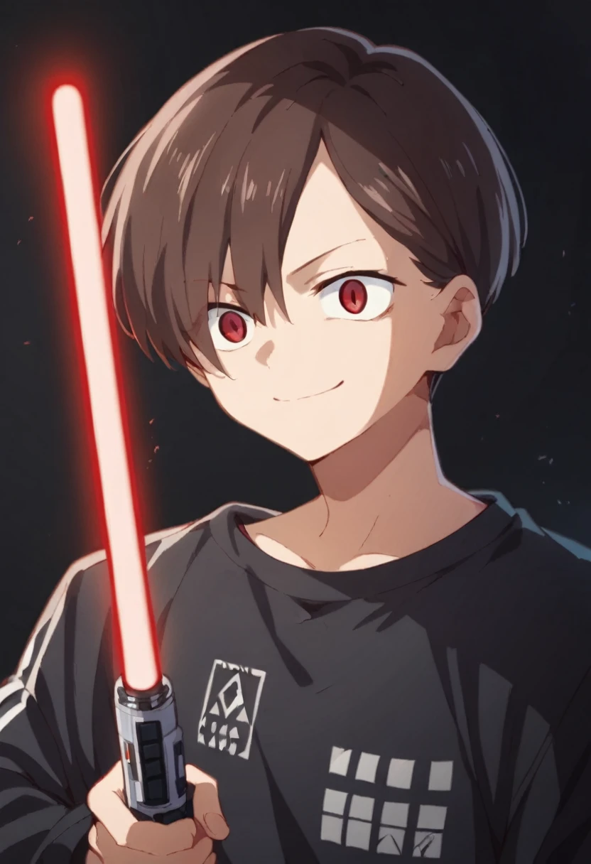 Kyotaro Ichikawa, Red eyes, smile evil, black jacket, black t-shirt with red details, gray sports pants, sneakers, lightsaber de color rojo, lightsaber (Star Wars), black background, Red light reflection, close view