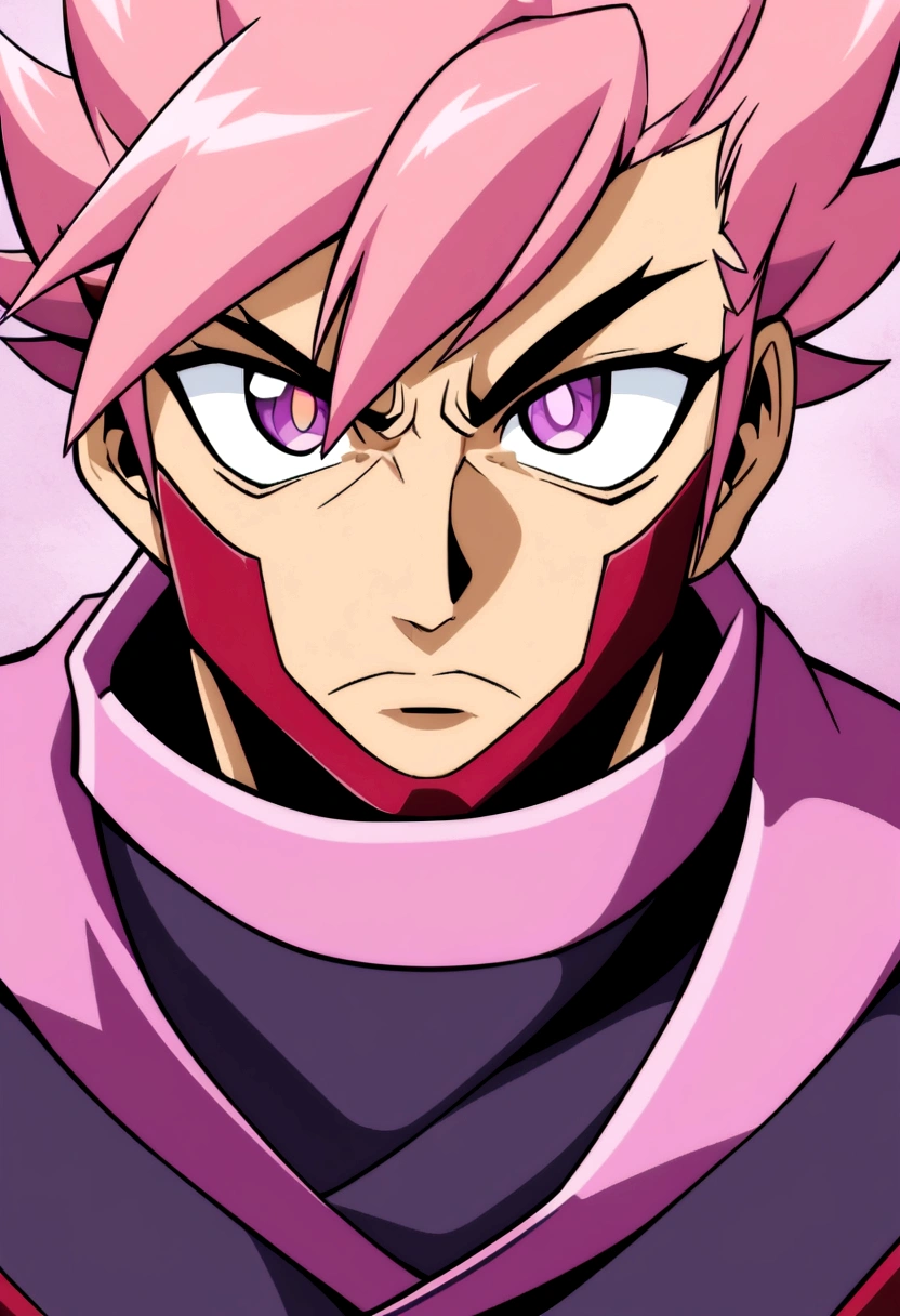 naughty man, pink  hair  ,  purples eyes, ninja outfit, anime design style, clear face 