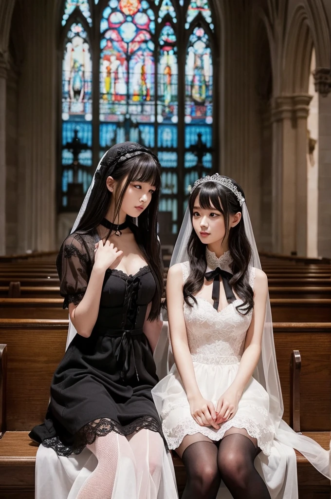 It depicts two beautiful Japanese girls in gothic-style outfits.。They are in a stately building that looks like a church.。In the background are heavy wooden furniture and stained glass windows.、It exudes a mysterious atmosphere。A thin mist floats on the floor.、It creates a mysterious space.。
The beautiful girls、She was wearing a tight fitting black lace dress.、Each one has a sexy and elegant style.。One of them is wearing a white veil、The other has a black ribbon in her hair.。Their expressions are serious、Looking into each other's eyes gives the impression of a deep bond and a special relationship.。
They both sat on their knees、The image of them holding hands is impressive.。Their beautiful features and the intricate lace details are highlighted.、The overall visuals are very beautiful、Fantastic!。She wears black stockings and high heels、The gothic fashion further enhances the overall atmosphere.。
This image is、Has a strong visual impact、It leaves a deep impression on the viewer.、It gives a mysterious and dramatic feel to the story.。
---
This prompt is、Through detailed depictions of images、The mysterious and elegant character、And the aim is to convey that visual impact.。