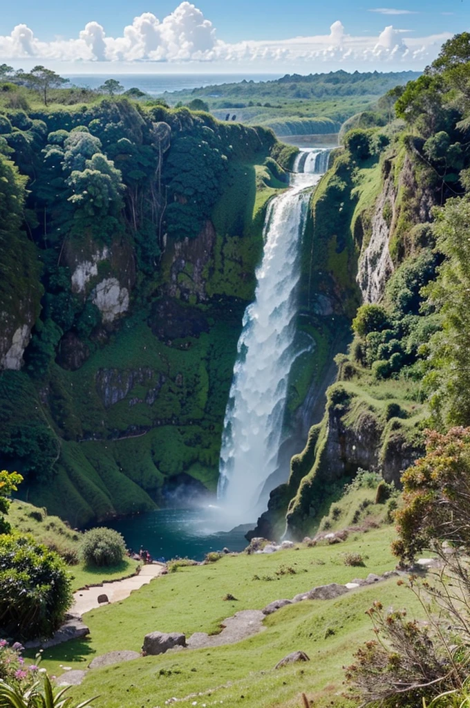 Make beautiful view of the island, which says the name "CHIBER BROTHER" in the middle of the island, green grass effect, exotic hill background, waterfall, hyper realistic, 30k
