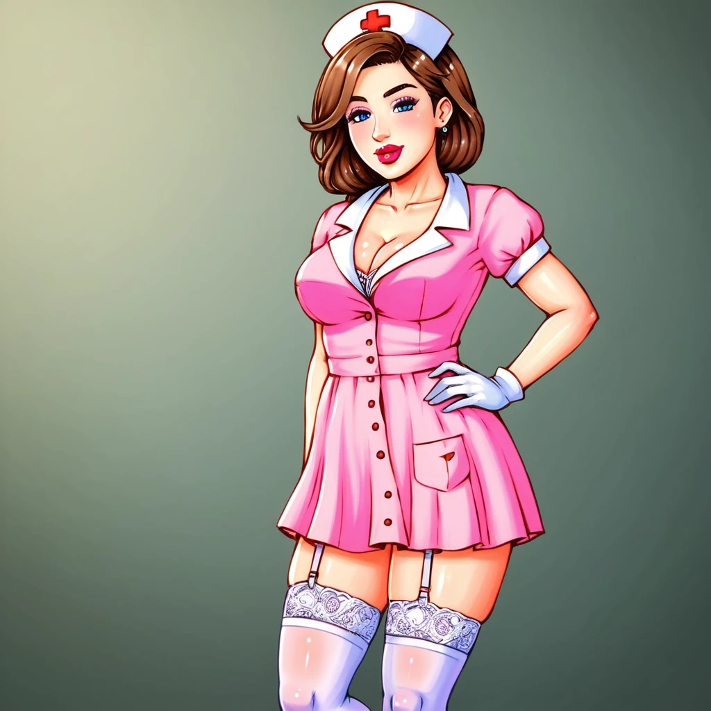 In the dimly lit hospital room, a young female nurse in her early twenties stands out against the somber backdrop. Dressed in lacy lingerie, thigh-high stockings, and a nurse's cap, she exudes a sense of seductive mystery. Her low-cut pink top showcases ample cleavage, while white gloves add an air of sophistication. Her gaze, with slightly droopy eyes and full pink lips, invites the viewer to step into her world.

Subtle hints of gothic horror elements in the background, such as ornate medical equipment and eerie shadows, add depth and intrigue to the piece without overpowering the composition. The nurse's cap and white gloves serve as a nod to the darker undertones, balancing the provocative themes with elegance.

The artist's skillful brushwork, color theory, and attention to detail bring forth a visually stunning image that is both thought-provoking and beautiful. The result is a masterpiece reminiscent of renowned painters Ilya Kuvshinov, Gaston Bussière, Craig Mullins, Hajime Sorayama, and Alphonse Mucha.

Technical details:

* Medium: watercolor hiperrealistic painting with High Dynamic Range (HDR) imaging
* Resolution: 8K
* Lighting: Soft, warm glow in the background
* Composition: The nurse's figure is centered, with the hospital room's horny tones creating a sense of contrast and intrigue.