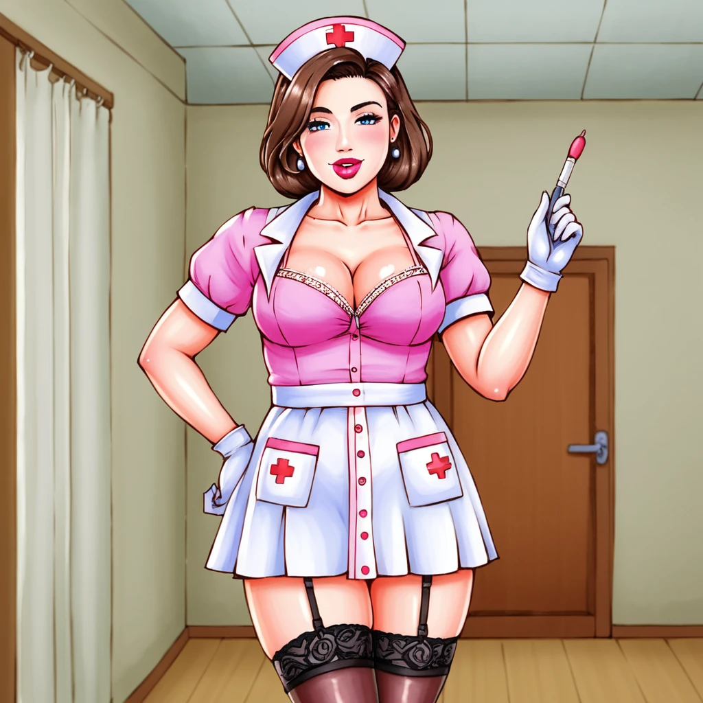 In the dimly lit hospital room, a young female nurse in her early twenties stands out against the somber backdrop. Dressed in lacy lingerie, thigh-high stockings, and a nurse's cap, she exudes a sense of seductive mystery. Her low-cut pink top showcases ample cleavage, while white gloves add an air of sophistication. Her gaze, with slightly droopy eyes and full pink lips, invites the viewer to step into her world.

Subtle hints of gothic horror elements in the background, such as ornate medical equipment and eerie shadows, add depth and intrigue to the piece without overpowering the composition. The nurse's cap and white gloves serve as a nod to the darker undertones, balancing the provocative themes with elegance.

The artist's skillful brushwork, color theory, and attention to detail bring forth a visually stunning image that is both thought-provoking and beautiful. The result is a masterpiece reminiscent of renowned painters Ilya Kuvshinov, Gaston Bussière, Craig Mullins, Hajime Sorayama, and Alphonse Mucha.

Technical details:

* Medium: watercolor hiperrealistic painting with High Dynamic Range (HDR) imaging
* Resolution: 8K
* Lighting: Soft, warm glow in the background
* Composition: The nurse's figure is centered, with the hospital room's horny tones creating a sense of contrast and intrigue.