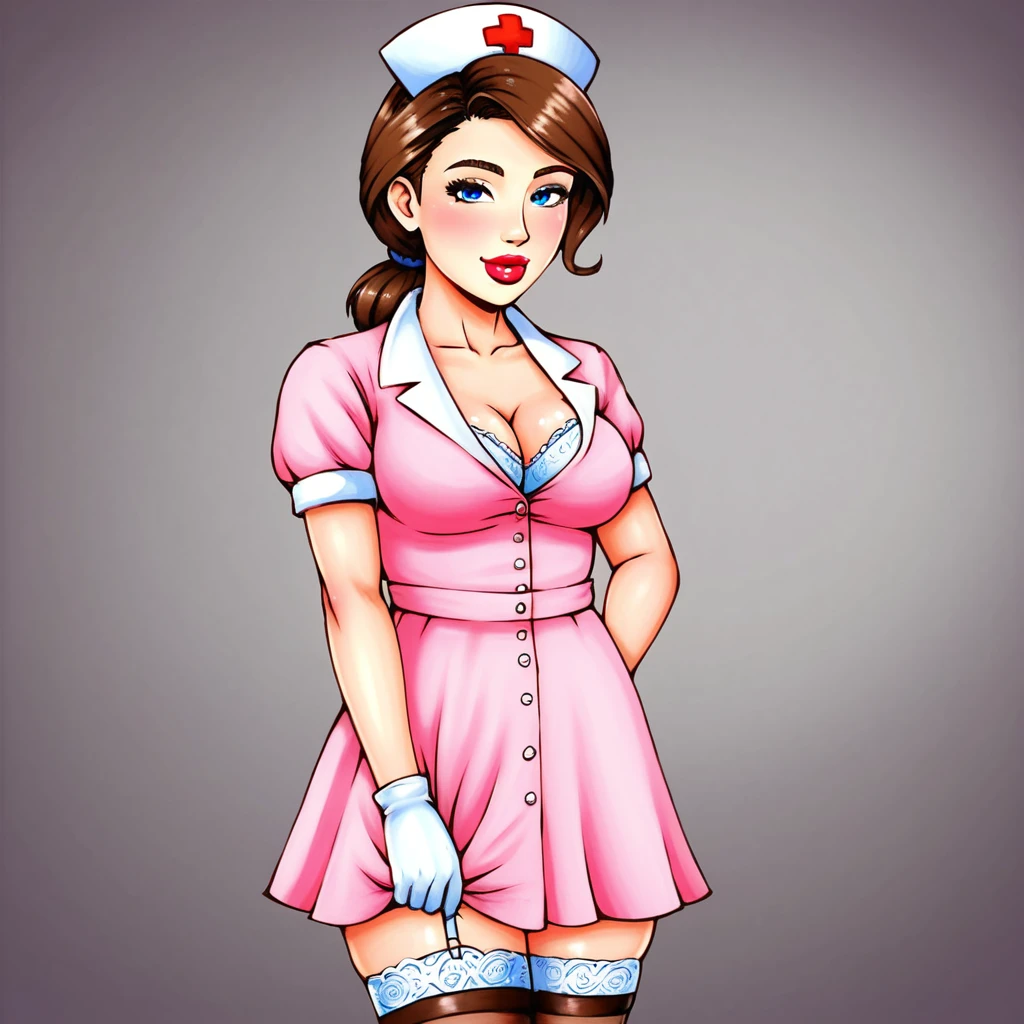 In the dimly lit hospital room, a young female nurse in her early twenties stands out against the somber backdrop. Dressed in lacy lingerie, thigh-high stockings, and a nurse's cap, she exudes a sense of seductive mystery. Her low-cut pink top showcases ample cleavage, while white gloves add an air of sophistication. Her gaze, with slightly droopy eyes and full pink lips, invites the viewer to step into her world.

Subtle hints of gothic horror elements in the background, such as ornate medical equipment and eerie shadows, add depth and intrigue to the piece without overpowering the composition. The nurse's cap and white gloves serve as a nod to the darker undertones, balancing the provocative themes with elegance.

The artist's skillful brushwork, color theory, and attention to detail bring forth a visually stunning image that is both thought-provoking and beautiful. The result is a masterpiece reminiscent of renowned painters Ilya Kuvshinov, Gaston Bussière, Craig Mullins, Hajime Sorayama, and Alphonse Mucha.

Technical details:

* Medium: watercolor hiperrealistic painting with High Dynamic Range (HDR) imaging
* Resolution: 8K
* Lighting: Soft, warm glow in the background
* Composition: The nurse's figure is centered, with the hospital room's horny tones creating a sense of contrast and intrigue.