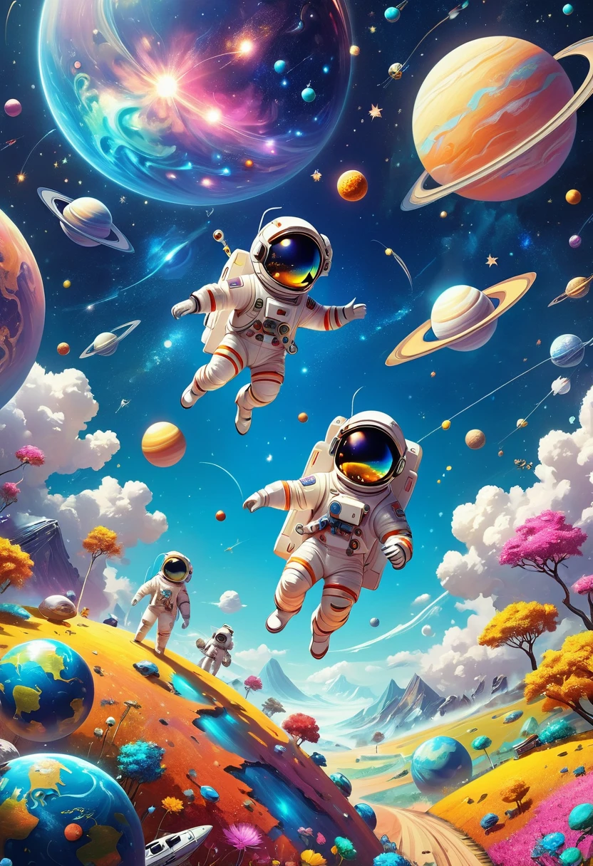 A 3d illustration of things such as a universe, astronaut, spaceship,planet, in the style of lively illustrations, childlike figures, hallyu, ad posters, use of bright colors, earthworks, soft color fields light-filled scenes