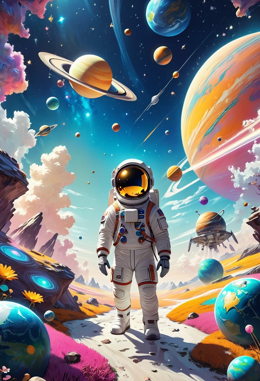 A 3d illustration of things such as a universe, astronaut, spaceship,planet, in the style of lively illustrations, childlike figures, hallyu, ad posters, use of bright colors, earthworks, soft color fields light-filled scenes