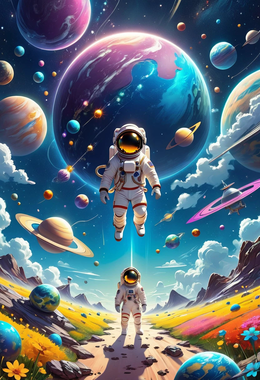 A 3d illustration of things such as a universe, astronaut, spaceship,planet, in the style of lively illustrations, childlike figures, hallyu, ad posters, use of bright colors, earthworks, soft color fields light-filled scenes