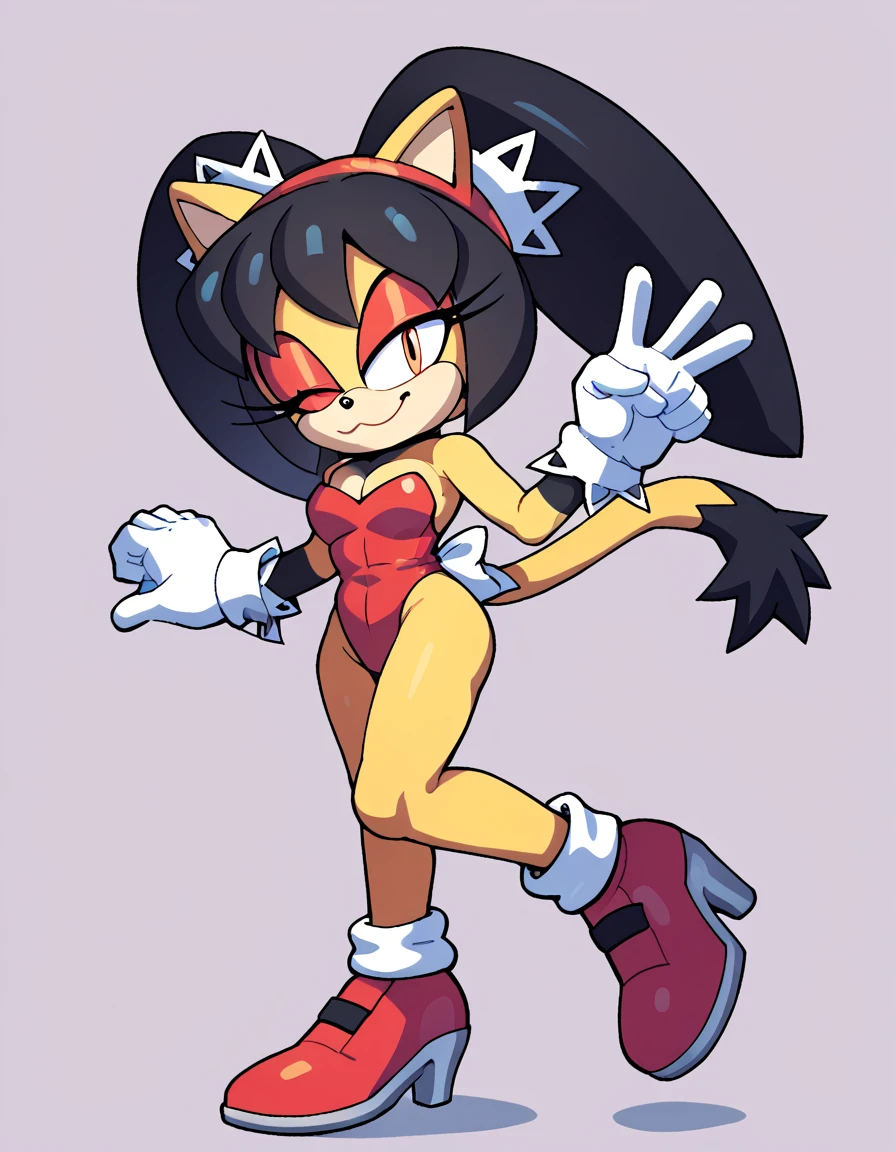 score_9, score_8_up, score_7_up, score_6_up, masterpiece, best quality, honey the cat, 1girl, solo, looking at viewer, smile, simple background, gloves, bare shoulders, closed mouth, full body, one eye closed, white gloves, high heels, leotard, bare legs, strapless, red makeup, highleg, playboy bunny, happy, red footwear, white bowtie, furry, highleg leotard, eyeshadow, strapless leotard, orange eyes, furry female, sonic the hedgehog \(series\), black stockings