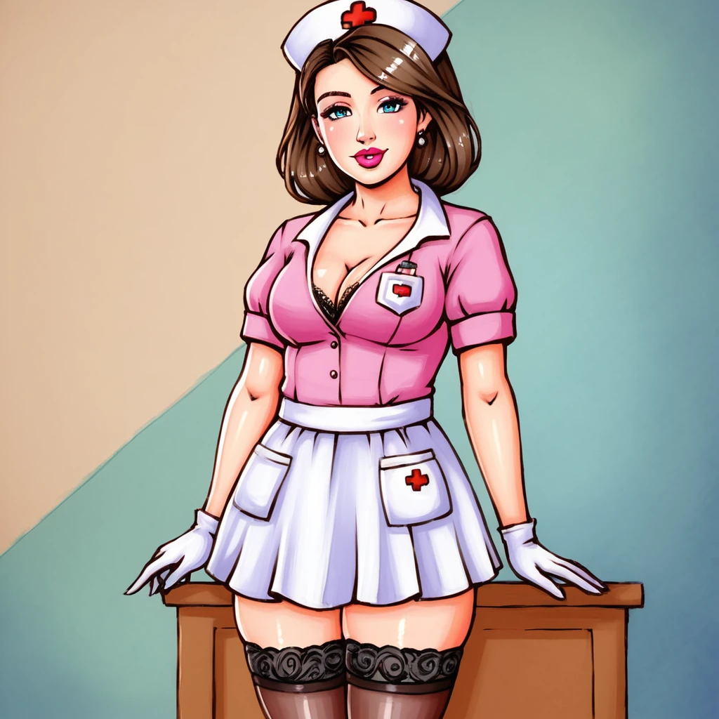 In the dimly lit hospital room, a young female nurse in her early twenties stands out against the somber backdrop. Dressed in lacy lingerie, thigh-high stockings, and a nurse's cap, she exudes a sense of seductive mystery. Her low-cut pink top showcases ample cleavage, while white gloves add an air of sophistication. Her gaze, with slightly droopy eyes and full pink lips, invites the viewer to step into her world.

Subtle hints of gothic horror elements in the background, such as ornate medical equipment and eerie shadows, add depth and intrigue to the piece without overpowering the composition. The nurse's cap and white gloves serve as a nod to the darker undertones, balancing the provocative themes with elegance.

The artist's skillful brushwork, color theory, and attention to detail bring forth a visually stunning image that is both thought-provoking and beautiful. The result is a masterpiece reminiscent of renowned painters Ilya Kuvshinov, Gaston Bussière, Craig Mullins, Hajime Sorayama, and Alphonse Mucha.

Technical details:

* Medium: watercolor hiperrealistic painting with High Dynamic Range (HDR) imaging
* Resolution: 8K
* Lighting: Soft, warm glow in the background
* Composition: The nurse's figure is centered, with the hospital room's horny tones creating a sense of contrast and intrigue.