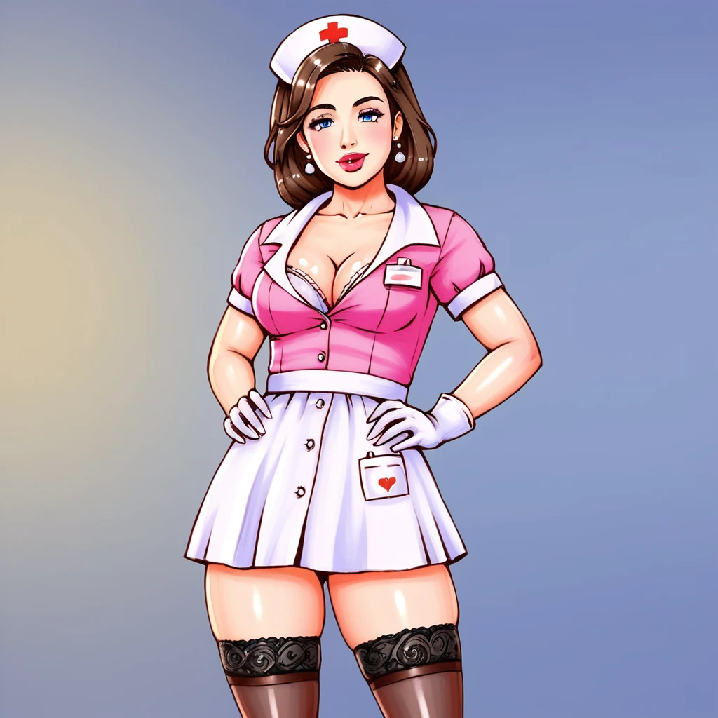 In the dimly lit hospital room, a young female nurse in her early twenties stands out against the somber backdrop. Dressed in lacy lingerie, thigh-high stockings, and a nurse's cap, she exudes a sense of seductive mystery. Her low-cut pink top showcases ample cleavage, while white gloves add an air of sophistication. Her gaze, with slightly droopy eyes and full pink lips, invites the viewer to step into her world.
Subtle hints of gothic horror elements in the background, such as ornate medical equipment and eerie shadows, add depth and intrigue to the piece without overpowering the composition. The nurse's cap and white gloves serve as a nod to the darker undertones, balancing the provocative themes with elegance.
The artist's skillful brushwork, color theory, and attention to detail bring forth a visually stunning image that is both thought-provoking and beautiful. The result is a masterpiece reminiscent of renowned painters Ilya Kuvshinov, Gaston Bussière, Craig Mullins, Hajime Sorayama, and Alphonse Mucha.
Technical details:
* Medium: watercolor hiperrealistic painting with High Dynamic Range (HDR) imaging
* Resolution: 8K
* Lighting: Soft, warm glow in the background
* Composition: The nurse's figure is centered, with the hospital room's horny tones creating a sense of contrast and intrigue.