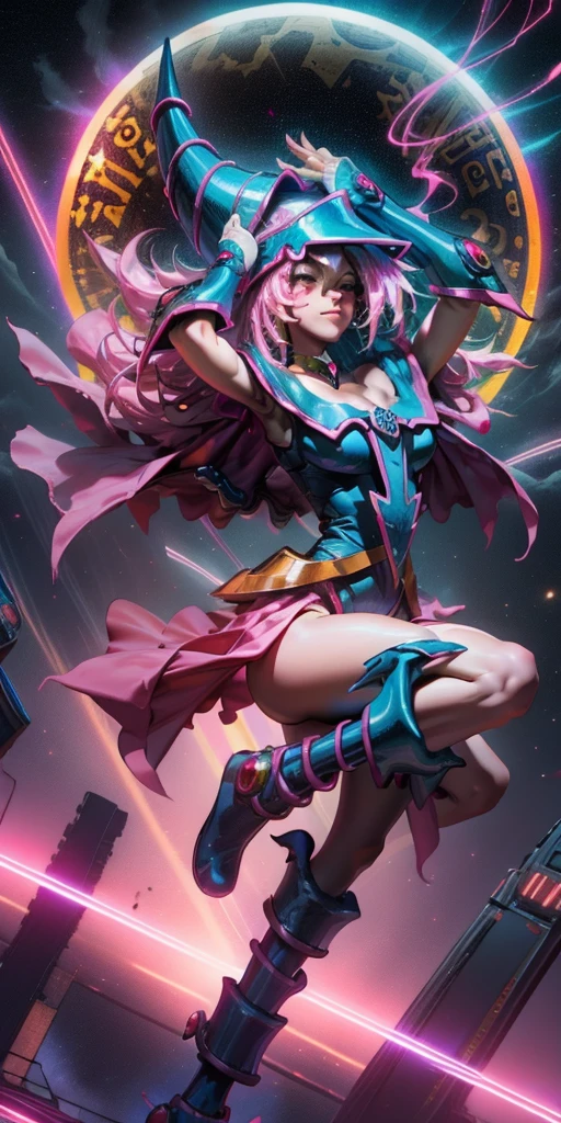 Beautiful woman dark magician girl ( neon cyberpunk ), The neon sings, neon lighting, RTX dark magician girl lighting up flying in the air. Above the city at midnight. full moon. skies of stars. Dark wizard flying