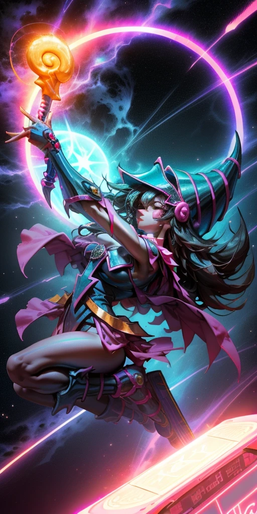 Beautiful woman dark magician girl ( neon cyberpunk ), The neon sings, neon lighting, RTX dark magician girl lighting up flying in the air. Above the city at midnight. full moon. skies of stars. Dark wizard flying