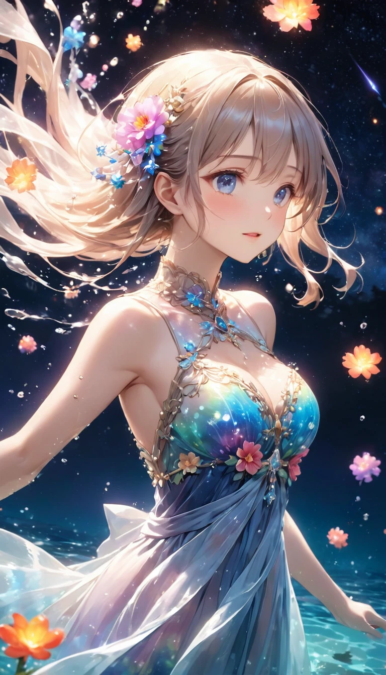 Highest quality, Highest quality, 16K, Unbelievably absurd, Very detailed, 2.5D, delicate and dynamic, under water, In the water, Swimming in the ocean, Brightly colored coral, Small faint lights and flying fireflies, night, Starry Sky, milky way, nebula, shooting star, Flowers,, Very delicate facial expressions, Delicate eye depiction, Upper body close-up, erotic, dynamic sexy poses, Only sexy women, Healthy body shape, 22-year-old woman, Aristocratic women, Height: 170cm, Large, firm, swaying bust, Colorful floral ornaments, Crystal translucent dress, Wrap your whole body in a semi-transparent cloth, A long dress with a complex structure, Colorful long dress, In the waterに浮かぶドレス