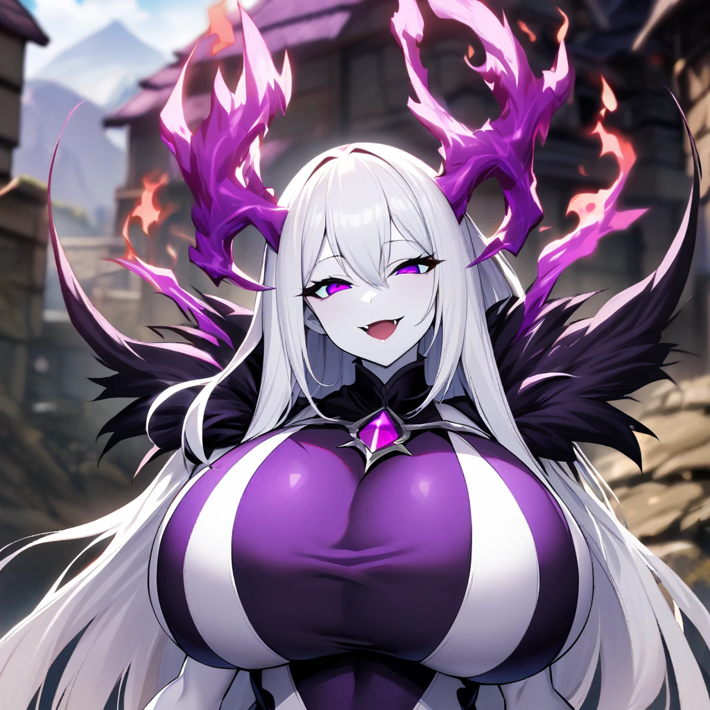 1girl,solo,white hair color,long hair,white skin,eye color purple,slanted eyes,sharp look,close mouth,super huge breasts,slender,Costume like a demon king,looking at viewer,smile,A purple flame burns Destroyed villages background
