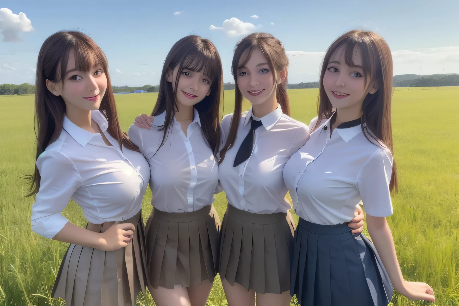 100 Girls,Crowded, Long Hair, Brown Hair, No sleeve, sexy, A row of girls, Girls standing in a row, Girls only, Sisters, ((Tight white collared shirt、Pleated mini skirt))，Full body photo:1.9， Adorable， smile， Slim face, Slim body， Short Brown Hair， 32k, masterpiece， Best image quality，Ultra-high resolution，Perfect hands，Black Choker、blue eyes、bangs、Very numerous and very long eyelashes, Lots of girls、 Dependents, Fully booked, Big Breasts、grassland、blue sky