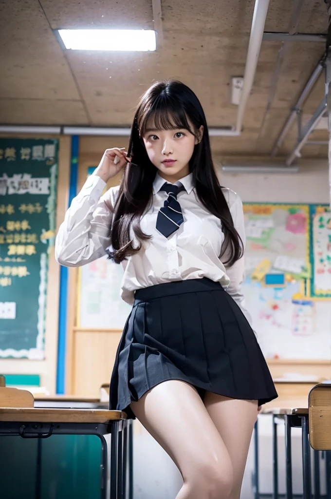 Lift up your skirt、Showing panties、、Black Hair、Showing panties、Lift up your skirt、Pull up your skirt、Condescending expression、School classroom