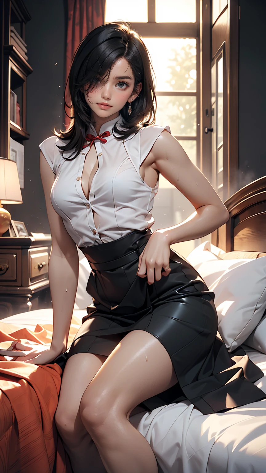 Sexy woman, (best quality), (masterpiece), (1 girl), Slim, Japanese cartoons, (Full breasts), (cheongsam), (Everlasting), (image), (Bare legs)(白色破碎transparent蕾丝内衣套装:1.6)、（transparent：1.5）、（极度transparent单薄：1.6）、rest、(Long black hair covers one eye.:1.3)、(flat chest：1.5)、(I&#39;I抽搐:1.6)、(blush:1.2)、(ecstasy:1.6),(final:1.2),(vulgar:1.2),(stupid:1.2),(steam:1.2),(trembling:1.8),(Tears:1.2),(Slobber:1.5),(Sweat:1.4),(Roll your eyes:1.6)、（White transparent sexy lingerie：1.6）、（Simple transparent cheongsam：1.5）、（White slim-fit transparent cheongsam：1.6）、（The clothes were torn：1.5）、（Ragged clothes 1.5）、（No clothes covering your body：1.6）、（Exposing private parts of the body：1.6）、（Breast exposure：1.5）、（Nipple exposure：1.5）、（Exposing breasts：1.5）、（Show all breasts：1.5）、（Breast exposure：1.5）、（Nipple exposure：1.5）、（Nipple exposure：1.6）、（The clothes are very thin：1.5）、（This dress is very close fitting：1.5）、（Breast exposure：1.5）