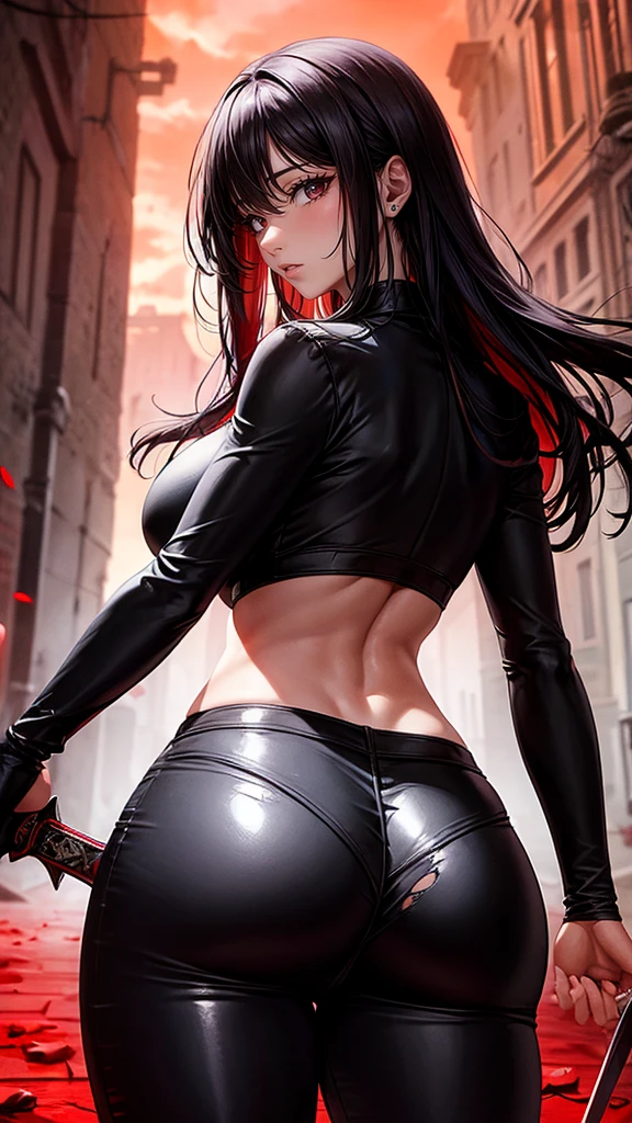 Masterpiece, Best Quality,from behind, facial focus, (1 girl in:1), 1 woman, (big breasts), sexy body, thin waist, Attractive front curves, disgusted face, (black hair:1.6, Waist length hair), evening, Heavy Rain, exterior, City, crop top, (White long sleeve collar shirt), (ripped shiny black leggings), (torn clothes), blood stains, Dark alley, blood splattered on the floor, bright red light, bright Eyes, depth of field, holding a sword, Red Sky, Atmosphere, perfect hands