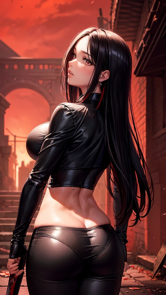 Masterpiece, Best Quality,from behind, facial focus,  (1 girl in:1), 1 woman, (big breasts), sexy body, thin waist, Attractive front curves, disgusted face,  (black hair:1.6, Waist length hair), evening, Heavy Rain, exterior, City, crop top, (White long sleeve collar shirt), (ripped shiny black leggings), (torn clothes), blood stains, Dark alley, blood splattered on the floor, bright red light, bright Eyes, depth of field, holding a sword, Red Sky, Atmosphere, perfect hands