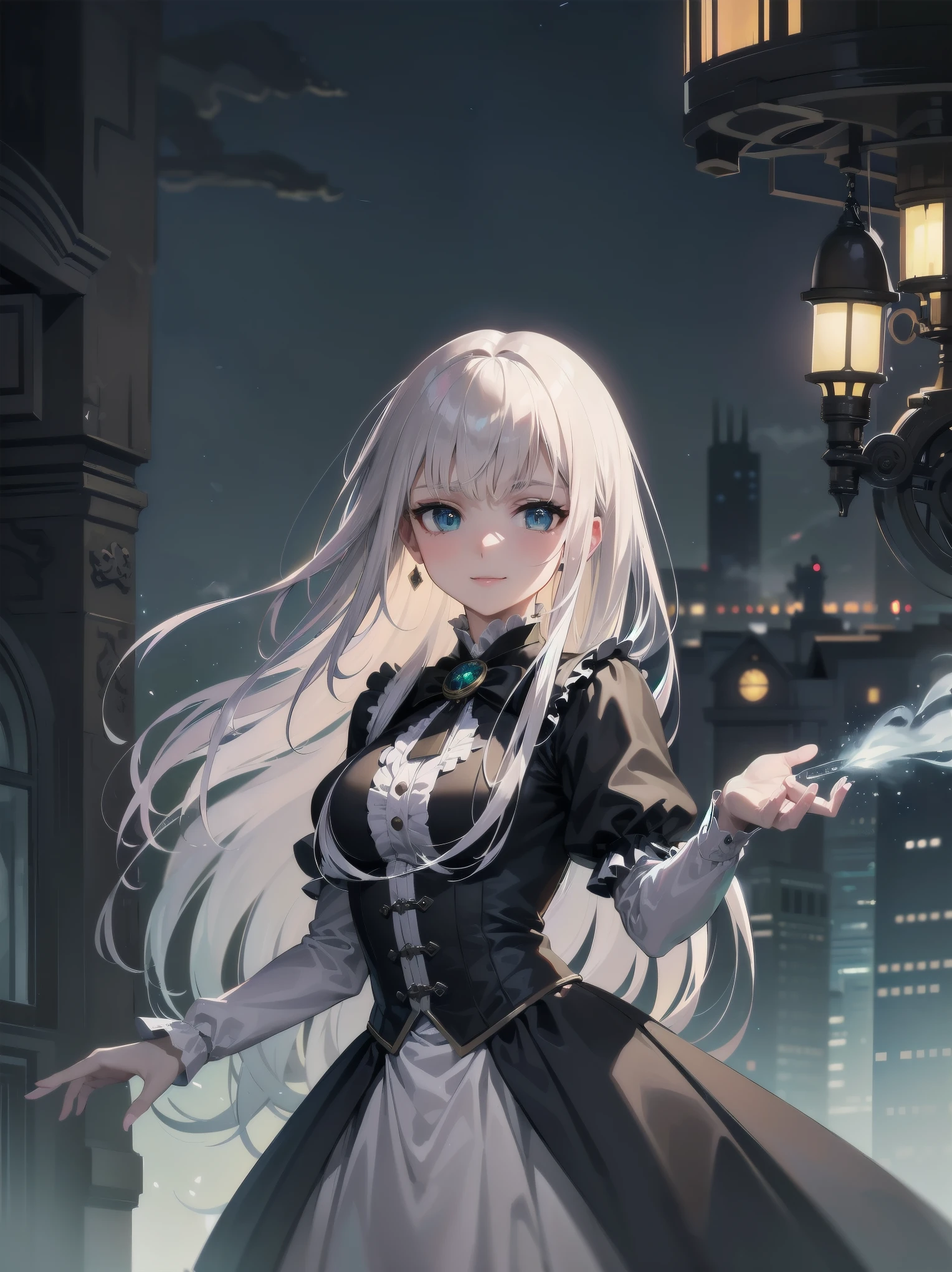 (Highest quality、16K、masterpiece、Ultra-high resolution、Victorian era、Photorealistic:1.2)、A delicate Lolita girl, aged 13, stands on a castle balcony at dusk, surrounded by the city's skyline and steampunk contraptions. Her platinum hair is messy, framing her androgynous charm. She wears a flowing white dress with a light green tie and holds a pocket watch in hand. A subtle smile plays on her lips as she gazes out at the night view, her eyes shining like sapphires. The air is filled with steam spewing from pipes, adding to the surreal atmosphere. Her skin glows with an ultra-dense texture, and her fingers are full and detailed.
