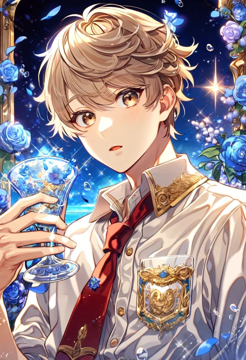 absurdres, highres, ultra detailed, HDR, master piece, best quality, extremely detailed, Shirota Mahiru, light-brown hair, short bangs, expressive brown eyes, Servamp, solo, sexy man, handsome, white shirt, red necktie, magical, fantasy, glittering, sparkling, glass, blue flowers, blue petals, water, blue moon