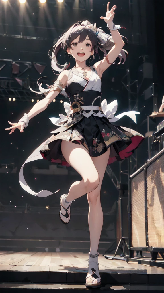 ((masterpiece)), (Highest quality), Official Art, Highly detailed CG, unity 8k wallpaper, Super detailed,
One girl,Japanese, stage, Idol, Bare shoulders, necklace, Open your mouth, sing, stage, Spotlight, Idol風のかわいい衣装,Holding a microphone,He has a microphone in his right hand,Singing with a microphone,Legs not raised,stageにスクリーン,
whole body,Long ponytail,Five fingers、Two arms,Two legs,Smiling,The universe is in the background