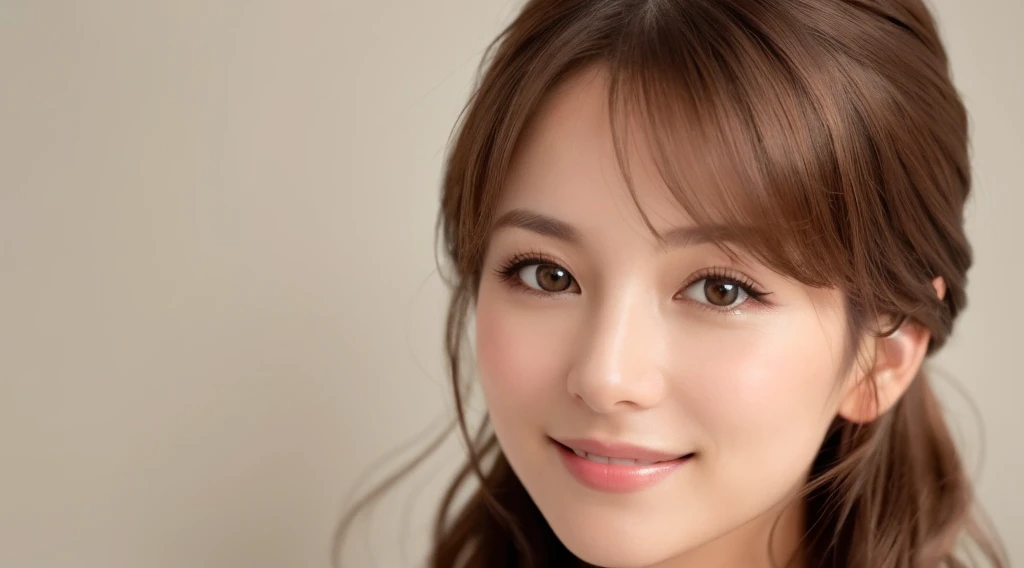 Create an image of a beautiful woman with chestnut brown hair. The background is clean white. She is making direct eye contact with the camera, and the focus is on her upper body. She is smiling gently, radiating a sense of beauty and confidence. The image should primarily feature a single woman, creating a captivating and approachable presence. Design the image with the intention of using it for beauty-related promotions, capturing the essence of a confident and approachable beauty. Pay attention to details such as her hair, facial expression, and the overall composition against the clean white background.