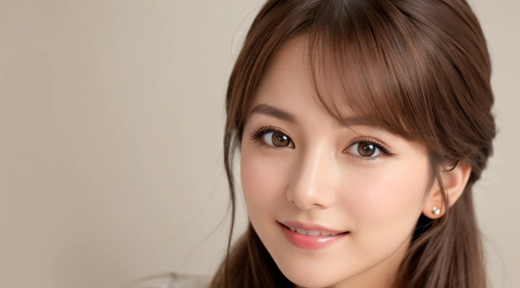 Create an image of a beautiful woman with chestnut brown hair. The background is clean white. She is making direct eye contact with the camera, and the focus is on her upper body. She is smiling gently, radiating a sense of beauty and confidence. The image should primarily feature a single woman, creating a captivating and approachable presence. Design the image with the intention of using it for beauty-related promotions, capturing the essence of a confident and approachable beauty. Pay attention to details such as her hair, facial expression, and the overall composition against the clean white background.