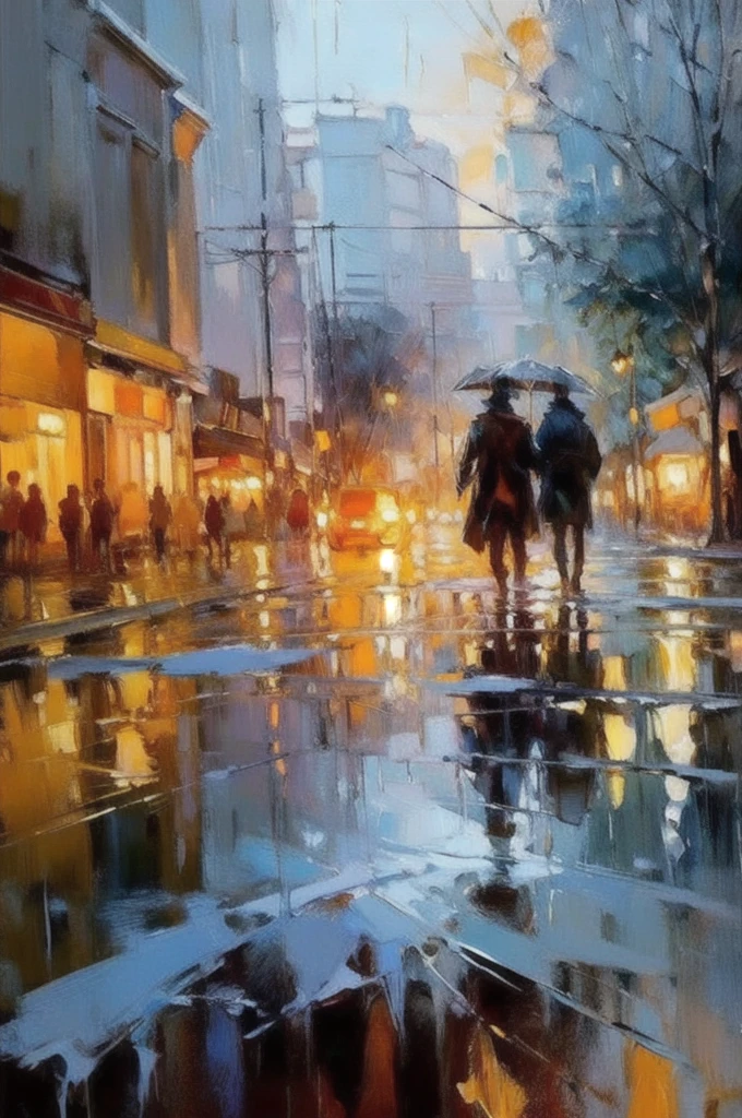 OIL PAINTIN made with palette knife, IMPRESSIONISM,(masterpiece, best quality, ultra-detailed, best shadow),(detailed background),realistic ,(Rembrandt),  rainny evening in Cracow City in Poland, view shown throught wet glass,  shapes are blurred melts away from stream of rain disorder3d shapes, color field painting, (large swaths of color):1.2, abstract expressionism, bold hues, emotional impact, atmospheric depth, colorfull but colour composed painting 