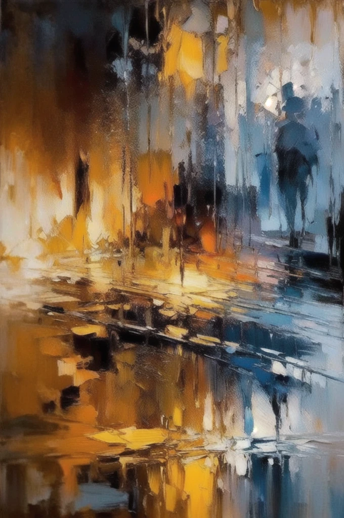 OIL PAINTIN made with palette knife, IMPRESSIONISM,(masterpiece, best quality, ultra-detailed, best shadow),(detailed background),realistic ,(Rembrandt), rainny evening in Cracow City in Poland, view shown throught wet glass, shapes are blurred melts away from stream of rain disorder3d shapes, color field painting, (large swaths of color):1.2, abstract expressionism, bold hues, emotional impact, atmospheric depth, colorfull but colour composed painting