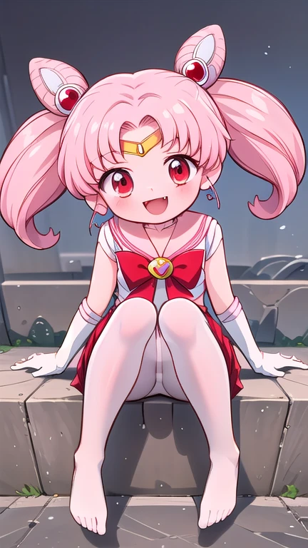 high quality,Sailor Moon,young年,,cute,Metal hairpins,(little girl),(LLoli),Pink Hait hair,(Red hairpin),(Double tail),Sailor Suit,Red bow,White elbow gloves,Red Skirt,(White pantyhose:1.5),(young),(Small),(Short legs)(No shoes),Smile,Open your mouth,Fangs,sit,(Soles of the feet)