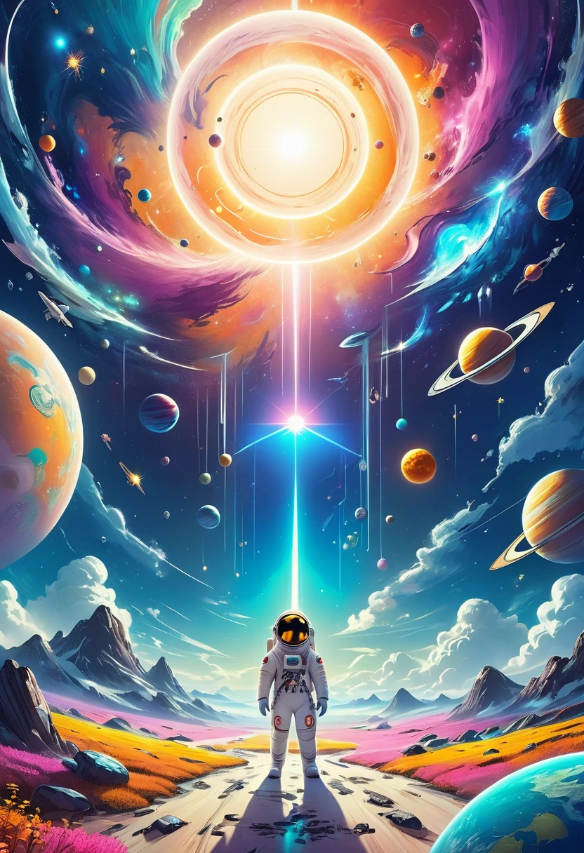 A 3d illustration of things such as a universe, astronaut, spaceship,planet, in the style of lively illustrations, childlike figures, hallyu, ad posters, use of bright colors, earthworks, soft color fields light-filled scenes，futuristic, ethereal, glowing, mystical