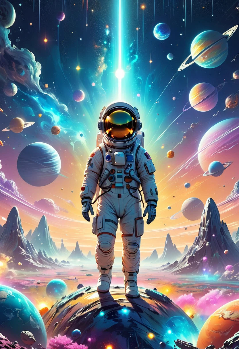 A 3d illustration of things such as a universe, astronaut, spaceship,planet, in the style of lively illustrations, childlike figures, hallyu, ad posters, use of bright colors, earthworks, soft color fields light-filled scenes,futuristic, ethereal, glowing, mystical