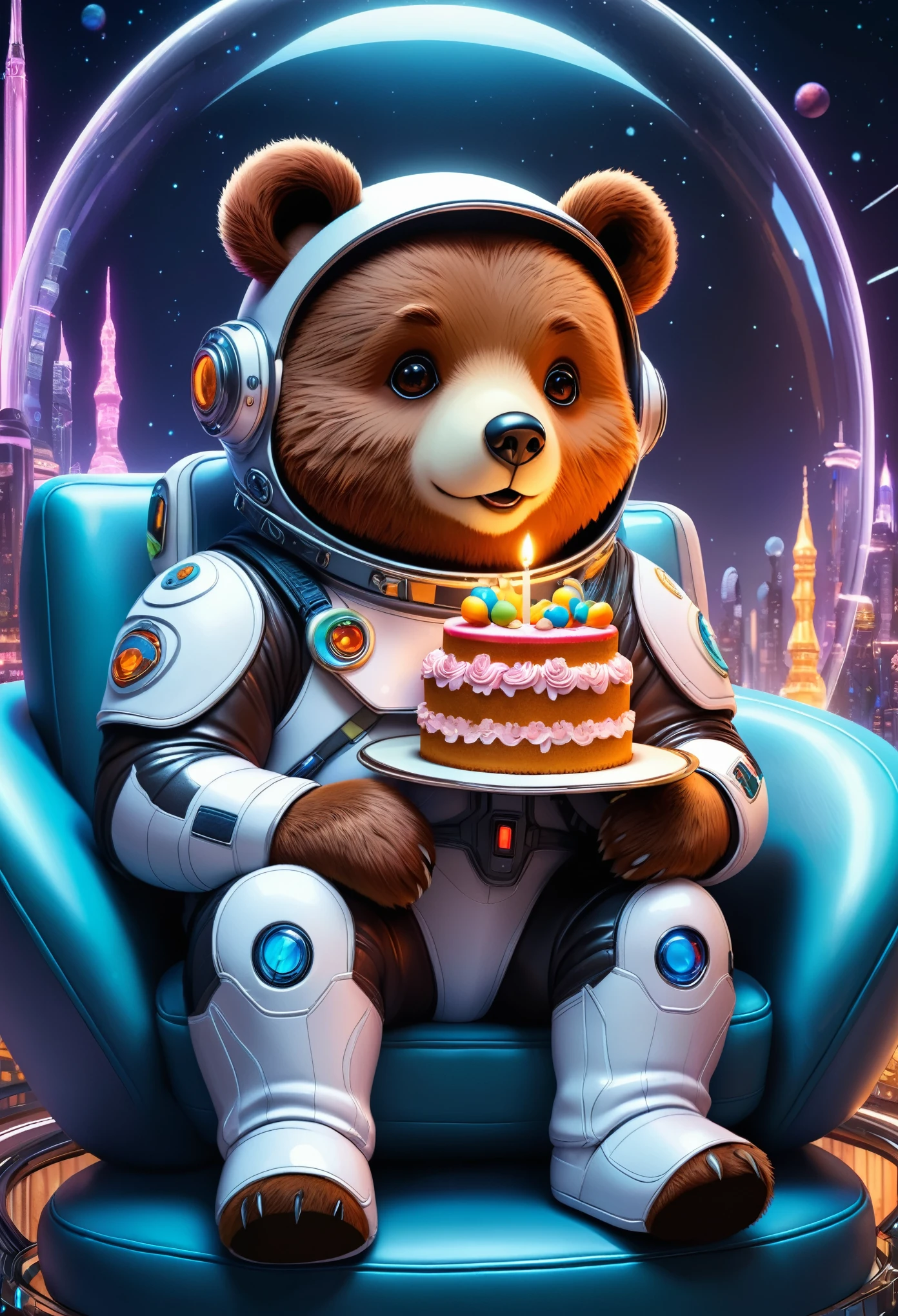 (Cute cartoon style:1.3), (((close-up of mighty bear God holding otherworldly planet))), (full sleek classic spacesuit:1.2), ((open head)), dark fur, epic space scenery, intricate design, bright colors, masterpiece in maximum 16K resolution, best quality, ultra detailed, aesthetics, absurdes.