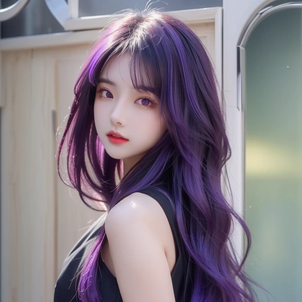 1girl with long hair and black dress standing in front of a door, anime girl wearing a black crop top, (violet hair), (Long hair), fair skin, purple eye, pretty face, douyin, 19 years old, big breasts
