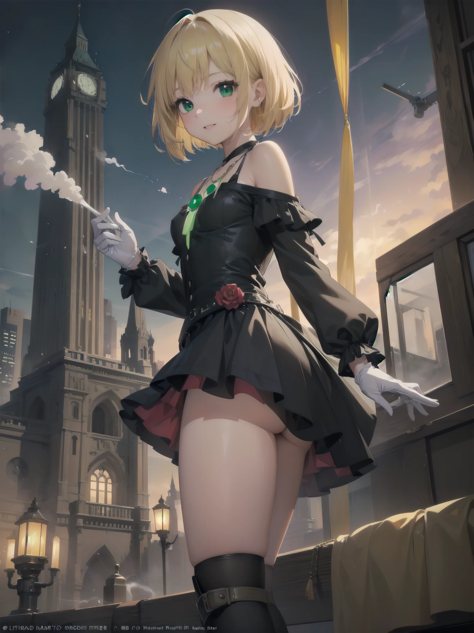 (masterpiece:1.2), (Highest quality:1.2), Ultra-high resolution, Very detailed, break, ((Anime girl standing with happiness in her hands)), Clear Girl, (1 person,ta,boyish, , 6 yed:1.3), A light smile, , girl who looks like a boy, Bob cut hair, ((Blonde Hair)), Messy Hair, A super-sized chest overflowing with soft fat masses、Waistline、Slender body, Small Ass, Small green eyes,Fine and beautiful eyes, Well-proportioned iris and pupil, Expressive eyes, Beautiful and detailed lips, High resolution detailed hair, Perfect Eyes, Perfect Face, ultra high density skin, Full Finger, Perfect lighting, break, ((Light green necklace)), ((Black and red luxury dress:1.3)), light green tie, Sparkling Sapphire, Lady, Wear white gloves, break, (steampunk), Castle balcony, Skyscraper, Night view, Equipment, pipe, (Steam spewing out from pipes:1.2), Fantasy, break, ((Positive:1.3)), break, Digital anime art,Anime style illustrations,Anime illustration