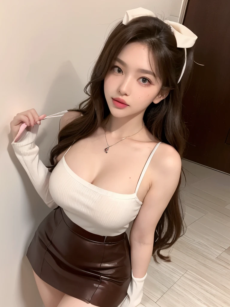 Kim Jennie with white brown hair, with curlers at the ends, with two bows on each side of the hair, all her white hair brown, with a star clip in her white brown hair, light colored eyes, Beautiful eyes, crying eyes, Beautiful, splash nose, watery nose, Beautifuls labios, pink lips, heart and cupid shaped lip, Beautiful skin, pale, White skin, with moles and freckles all over his face, soft pink blush on cheeks, natural pink blush, soft pink makeup, Jennie, Nice neck, marked collar, frown, tender look, with a kiss necklace, a Beautiful kiss necklace, similar a Yumeko Jabami, while using a YK2 Crochet, woolen, with a YK2 style brown miniskirt, while wearing stockings, secretary stockings, medias y, while having a bare abdomen, Delgado, marked and Beautiful, (bigoft breasts, Beautechos), while she co the character Yumeko Jabami, The anime Kakegurui., looking to the camera