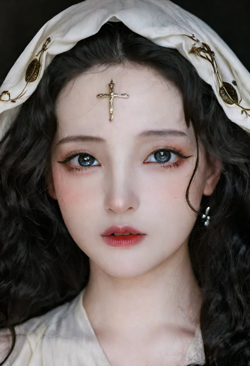 young woman,pale skin,Curly hair and dark color, big eyes with black pupils, dressed as the Virgin Mary. , with a thin nose . with an exaggeratedly elongated mouth similar to that of a demon with a snake&#39;s tongue with several fangs in its mouth.