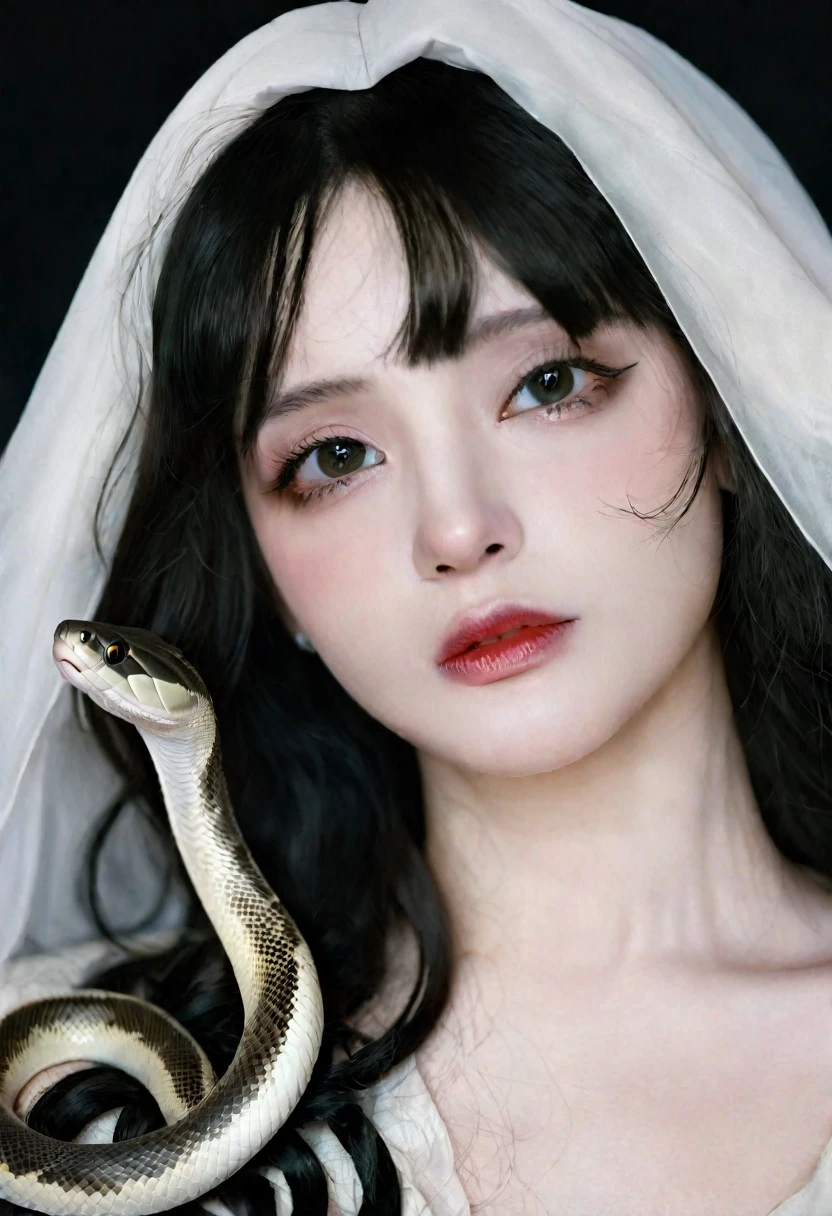 young woman,pale skin,Curly hair and dark color, big eyes with black pupils, dressed as the Virgin Mary. , with a thin nose . with an exaggeratedly elongated mouth similar to that of a demon with a snake&#39;s tongue with several fangs in its mouth.