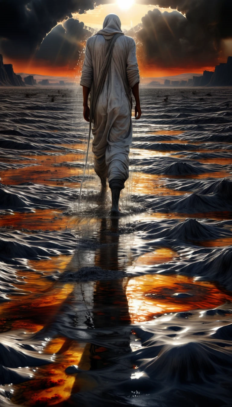 Realistic depiction of the apocalypse on the plain of Mahsyar: a vast, barren landscape. A person standing with their head very close to the sun. They appear extremely thirsty. Their body is thin, and they are sweating profusely. Their feet are submerged in water. They are wearing dull white pants. Art style: highly detailed photorealism.