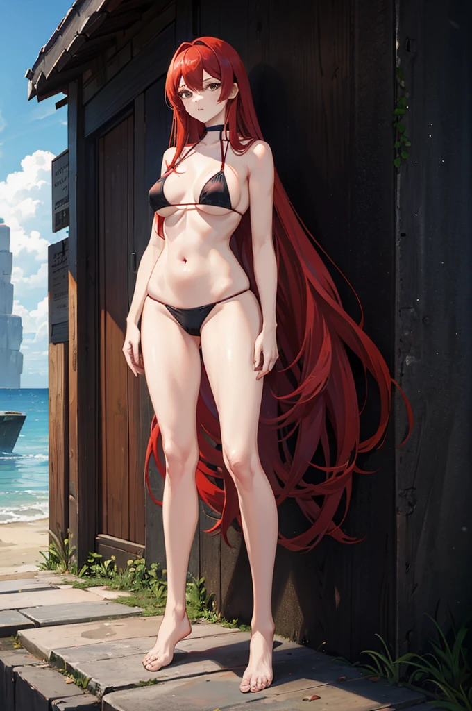 1woman, tall, long red hair, black eyes, bikini, standing on ground, high res, ultra sharp, 8K, masterpiece