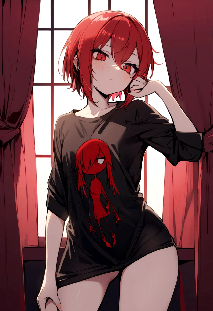 1 girl, Emo with big light red hair,smallbreast, wearing a large shirt that reaches the thigh, with bold and sexual look and pose.
