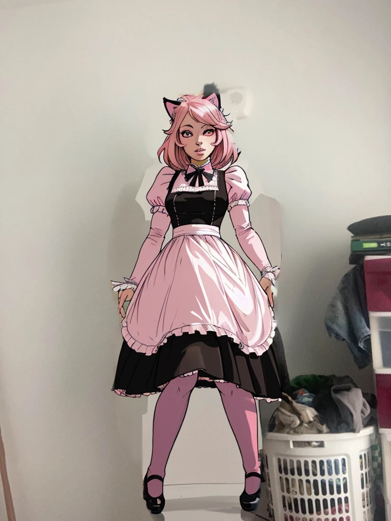 16k, HD, Professional, Highly Detailed, ((Masterpiece: 0.3)), (((High Quality))), Ultra-detailed face, Highly Detailed Lips, Detailed Eyes, full body, cat girl maid, anime, pink hair, long legs, large eyes