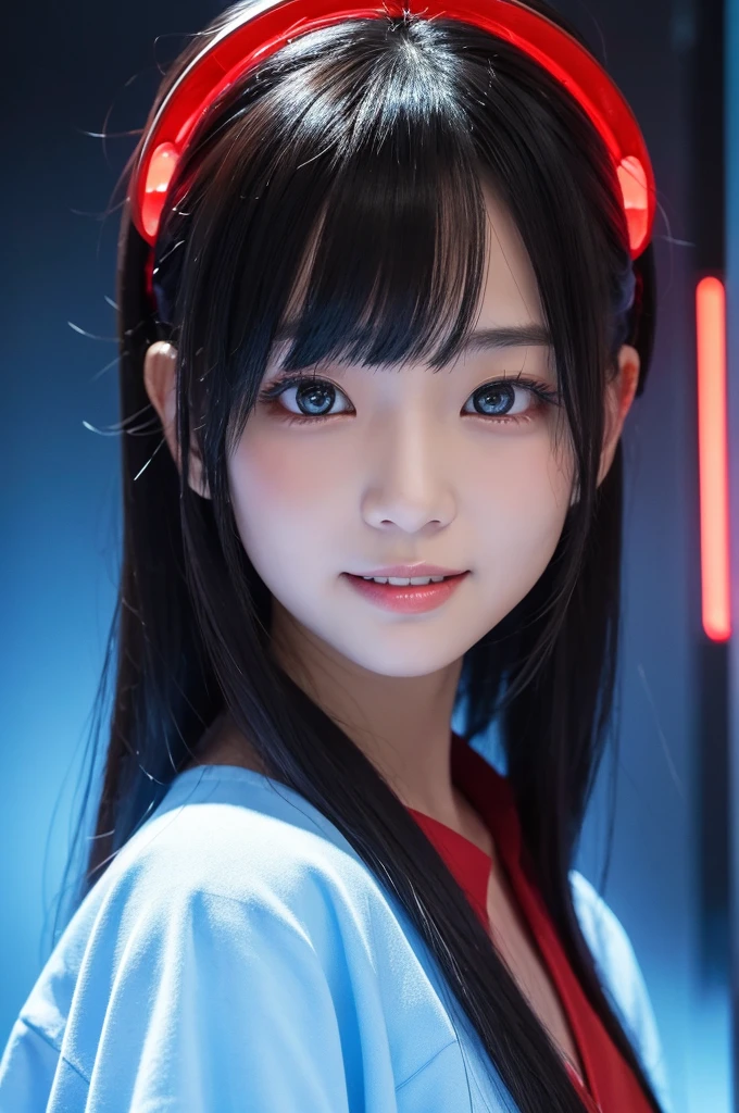 It depicts a beautiful Japanese girl drawn in an anime style.。Her face is a crazy smile、The eyes are unusually bright。The glow of the eyes is red、It&#39;s like a blazing fire、It seems to symbolize her inner madness and intense emotions.。Her mouth is wide open、Most of the smiles are open.、It has such a strong impact that you can practically hear the laughter.。

Her hair is black、Straight、Bangs hang down in front of the face。The background is surrounded by blue light.、By contrasting her expression,、This further emphasizes the strangeness。The clothes are like a uniform, with red and black as the main colors.、In contrast to her strange expression、It has a neat design。

The overall atmosphere is dark.、Mysterious、It gives the impression of a mix of madness and fear.。Blue light spreads in the background、By illuminating her face、This further amplifies the sense of strangeness and fear.。This image is、Has a strong visual impact、It leaves a deep impression on the viewer.。