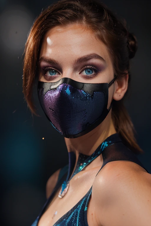 ((Masked))  a super photo realistic image, 25 year old ginger girl, freckles, blue sparkling bikini, ultra detailed, (dark background), sparkles, detailed eyes, cute smile, full body gorgeous bun hairstyle
