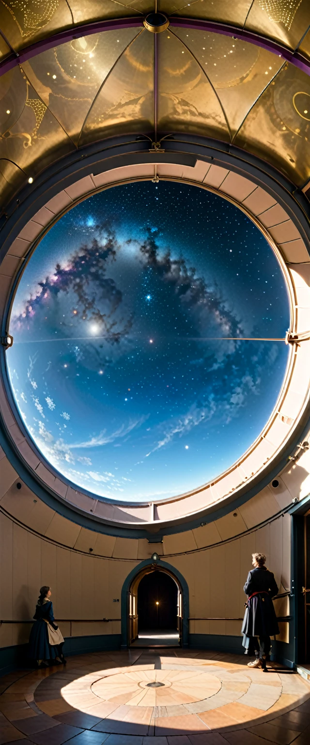 The 18th century telescope was located in an indoor observatory on the top floor of the building, with the sides of the circular dome roof opening to the left and right, allowing a long telescope to be pointed diagonally upwards to observe the starry sky. Scholars gathered in a fenced-in corridor surrounding the large telescope, which cut a circle through the floor and rose up from the floor below, discussing something in the royal castle in the sky.
